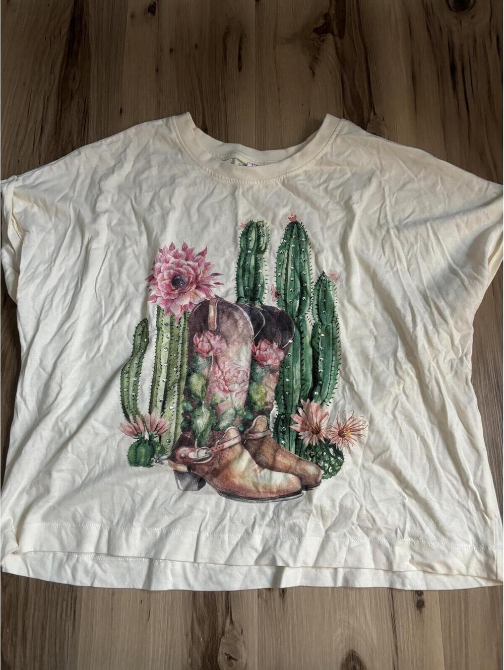 Electric Pink Teen Cream Graphic Cactus Cowboy Boots Oversized T-Shirt Size L